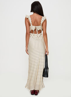 back view of model wearing Princess Polly Odeliah Polka Maxi Dress Cream Plunger 