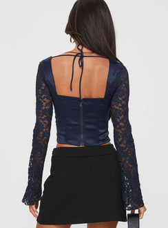 back view of model wearing Princess Polly Markwell Long Sleeve Top Navy Full Sleeves Sweetheart 
