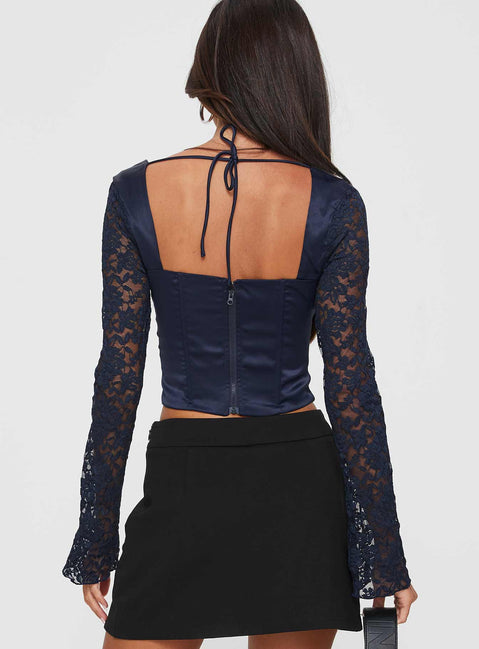back view of model wearing Princess Polly Markwell Long Sleeve Top Navy Full Sleeves Sweetheart 