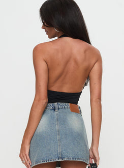 back view of model wearing Princess Polly Two Summers Plunge Neck Bodysuit Black Tall Sleeveless 