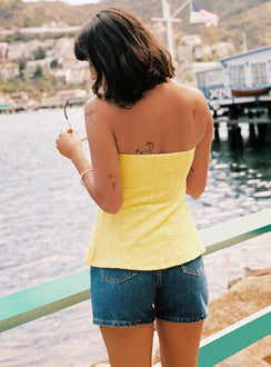 back view of model wearing Princess Polly Lost Souls Strapless Cut Out Top Lemon Sleeveless straight 