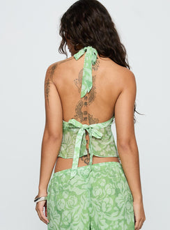 back view of model wearing Princess Polly Finesse Halter Top Green Floral Sleeveless Square Neck 