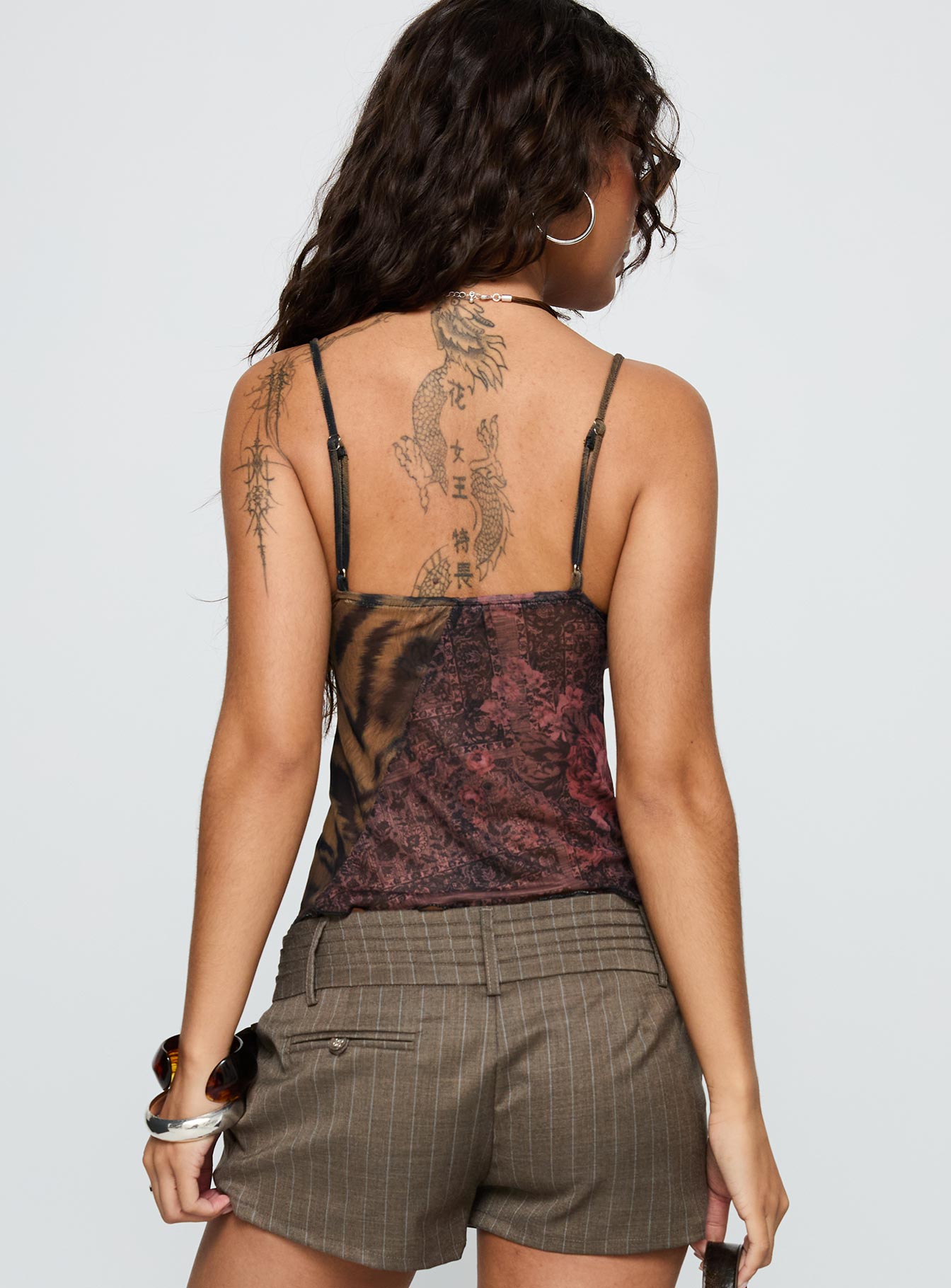 back view of model wearing Princess Polly Start A Fire Mesh Cami Top Multi Sleeveless V-Neck 