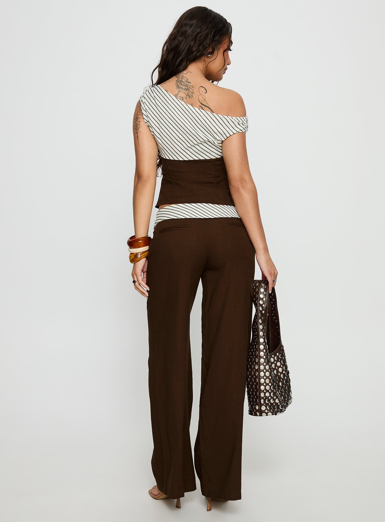 back view of model wearing Princess Polly Past Life Fold Over Waistband Pant Brown / Stripe Mid Rise Pants 