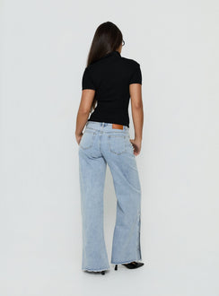 Dakoba Button Detail Mid Rise Straight Leg Jean Light Blue Wash