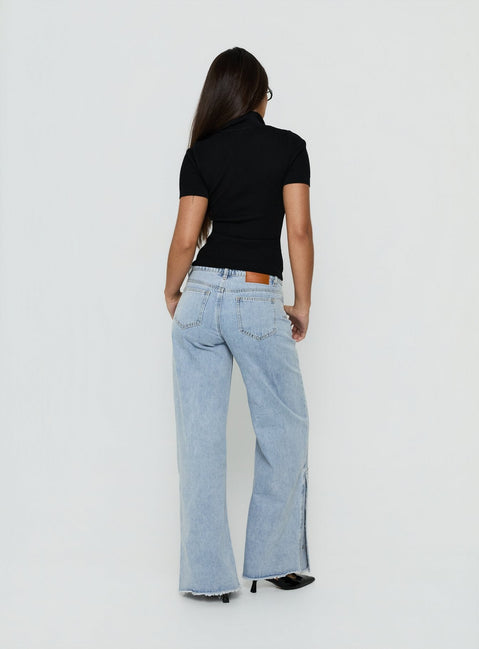 Dakoba Button Detail Mid Rise Straight Leg Jean Light Blue Wash