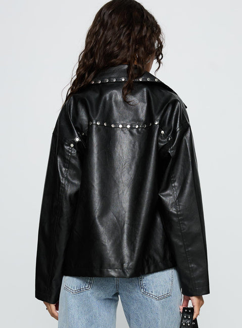 Kaeden Faux Leather Stud Detail Biker Jacket Black
