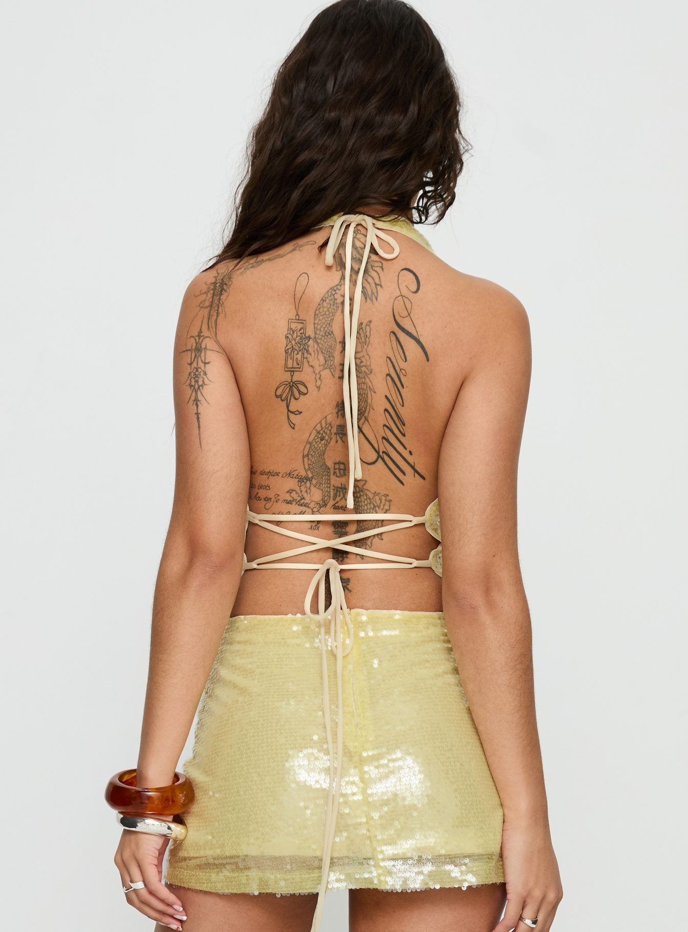 Katryna Plunge Neck Sequin Top Yellow