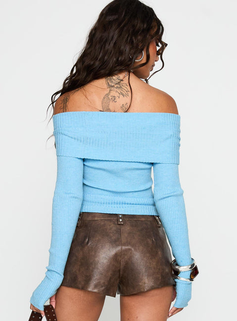 back view of model wearing Princess Polly Morley Off Shoulder Sweater Blue Cropped 