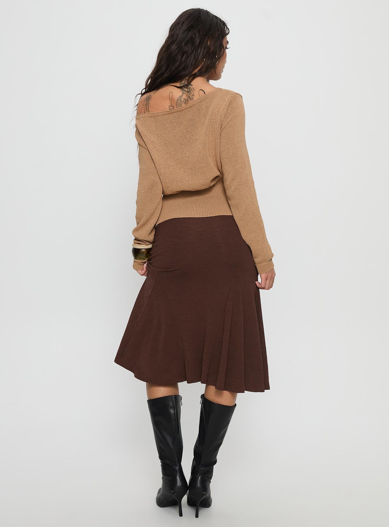 back view of model wearing Princess Polly Lewish Low Rise Midi Skirt Chocolate Midi Skirts 