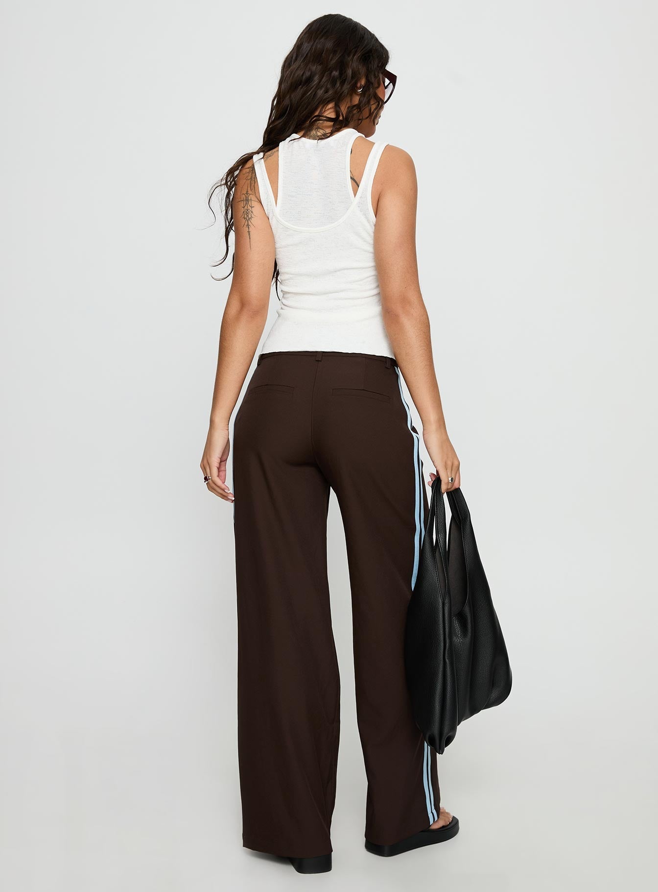 back view of model wearing Princess Polly Wendi Tipping Suit Pant Brown / Blue Mid Rise Pants 
