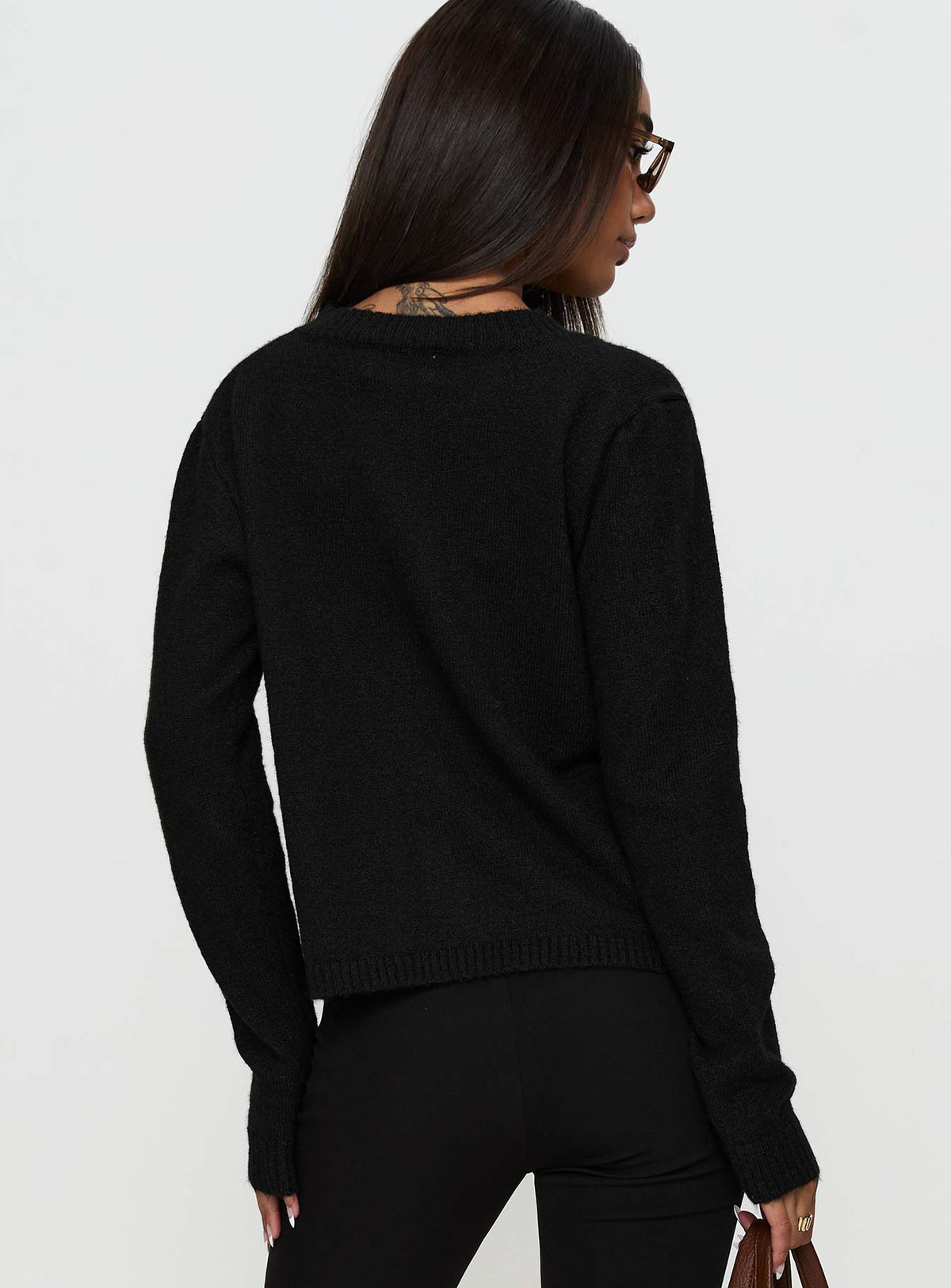 back view of model wearing Princess Polly Denmark Cardigan Black Cropped Jumpers Jumpers 