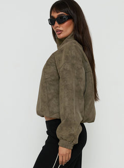 Ellissa Faux Suede Bomber Jacket Khaki