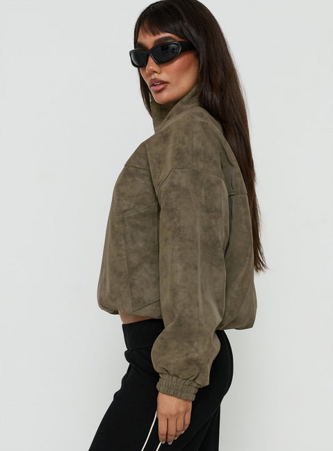 Ellissa Faux Suede Bomber Jacket Khaki