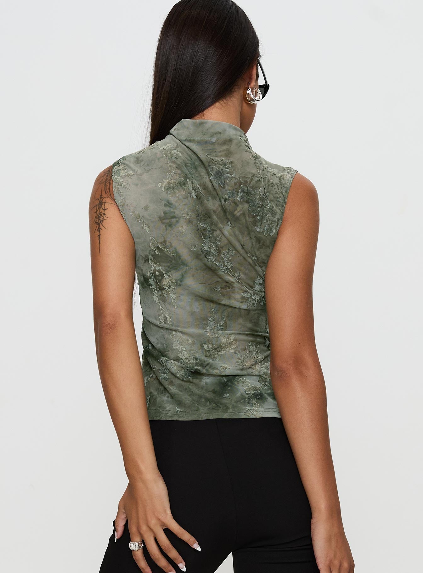 back view of model wearing Princess Polly Nights All Alone High Neck Top Multi Sleeveless High Neck 