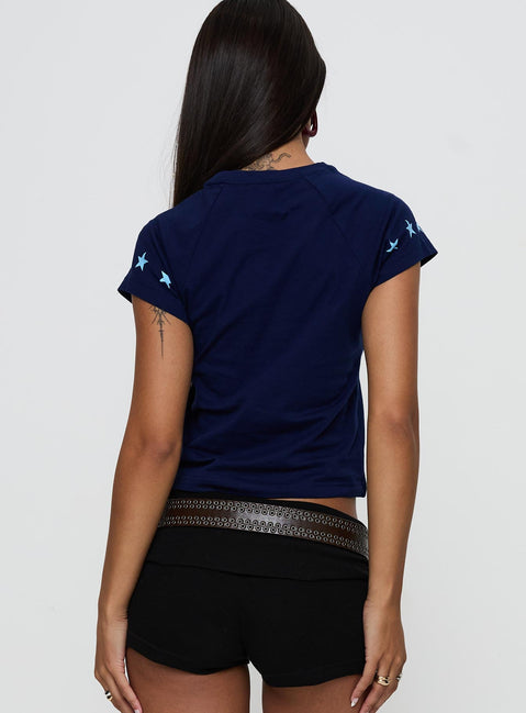 back view of model wearing Princess Polly Perfect 10 Graphic Top Blue Short Sleeves Crew Neck 