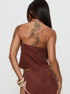 back view of model wearing Princess Polly Lucelia Strapless Top Brown Sleeveless straight 