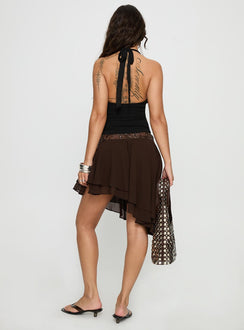 back view of model wearing Princess Polly Benjy Chiffon Waterfall Midi Skirt Brown 