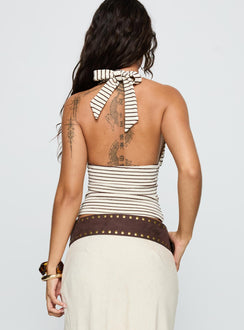back view of model wearing Princess Polly Whimsy Halter Top Chocolate / White Stripe Sleeveless Plunger 