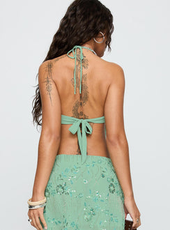 back view of model wearing Princess Polly What A Coincidence Beaded Top Teal Sleeveless Plunger 