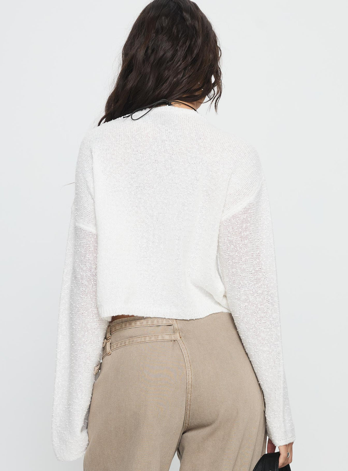 back view of model wearing Princess Polly Riala Off Shoulder Knit Sweater White cropped Jumpers 
