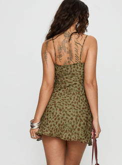 Ailyn V-neck Mini Dress Green Leopard