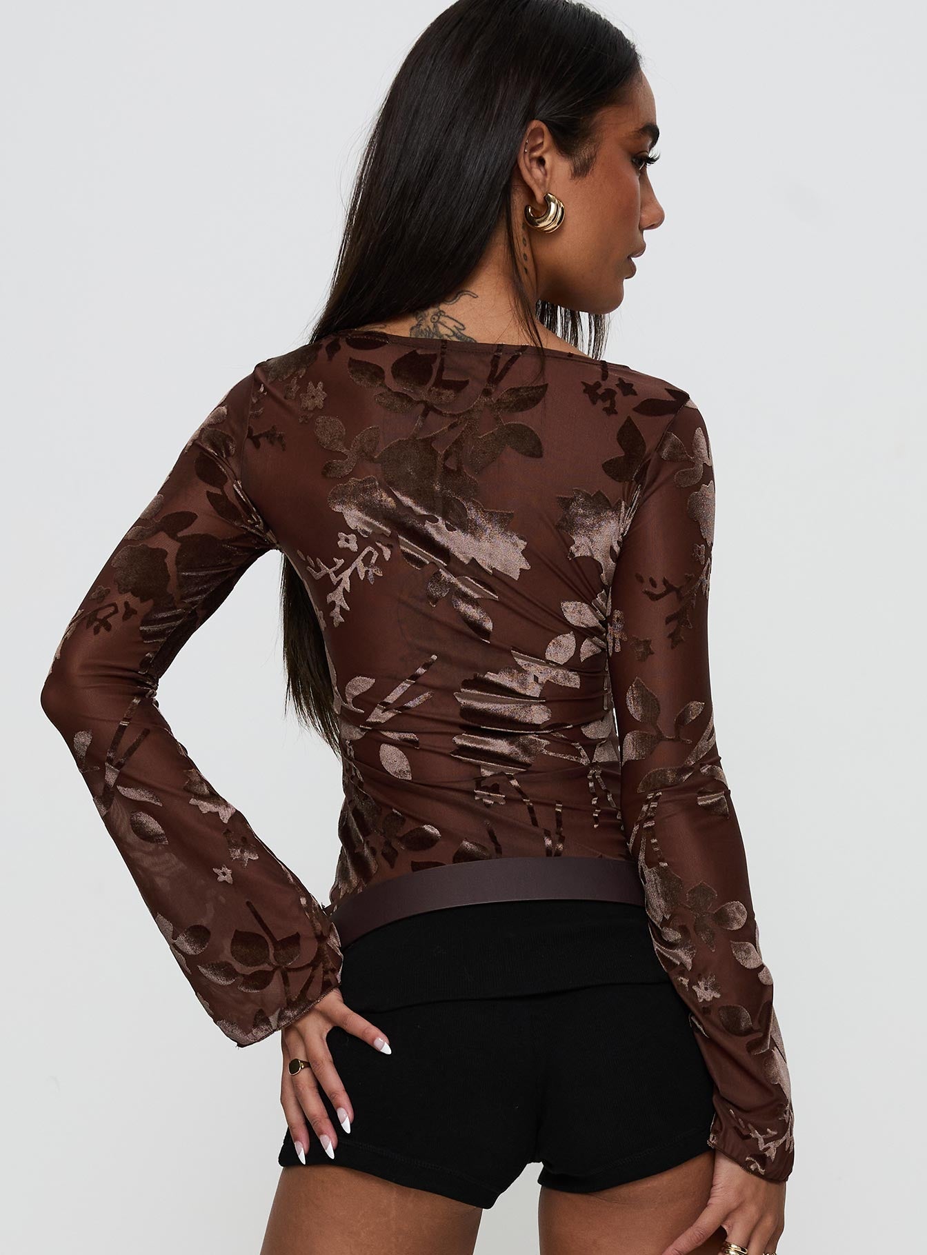 back view of model wearing Princess Polly Meant To Be Mesh Long Sleeve Top Brown Floral Full Sleeves Boat Neck 