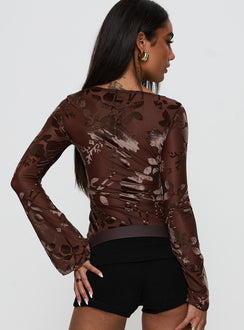 back view of model wearing Princess Polly Meant To Be Mesh Long Sleeve Top Brown Floral Full Sleeves Boat Neck 
