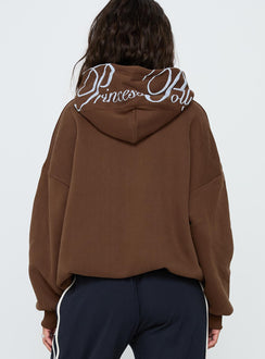 back view of model wearing Princess Polly Princess Polly Script Text Graphic Hoodie Brown / Blue Long 
