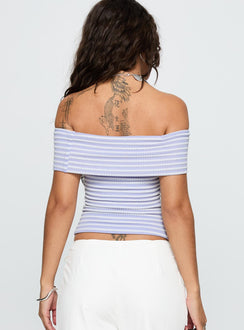 back view of model wearing Princess Polly Ausha Off Shoulder Top Lilac Stripe Short Sleeves straight 
