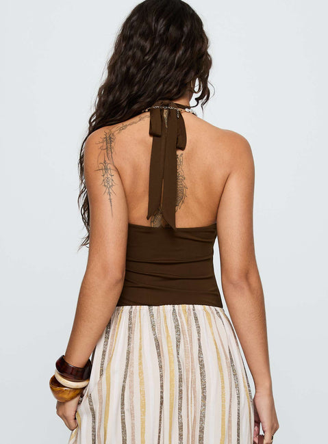 back view of model wearing Princess Polly Silverwing Cut Out Bodysuit Chocolate Sleeveless 