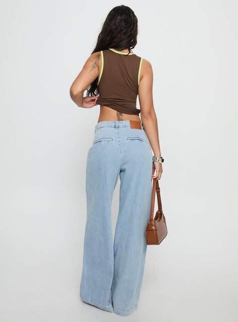 back view of model wearing Princess Polly Siloh Wide Leg Denim Jeans Blue Mid Rise Jeans 