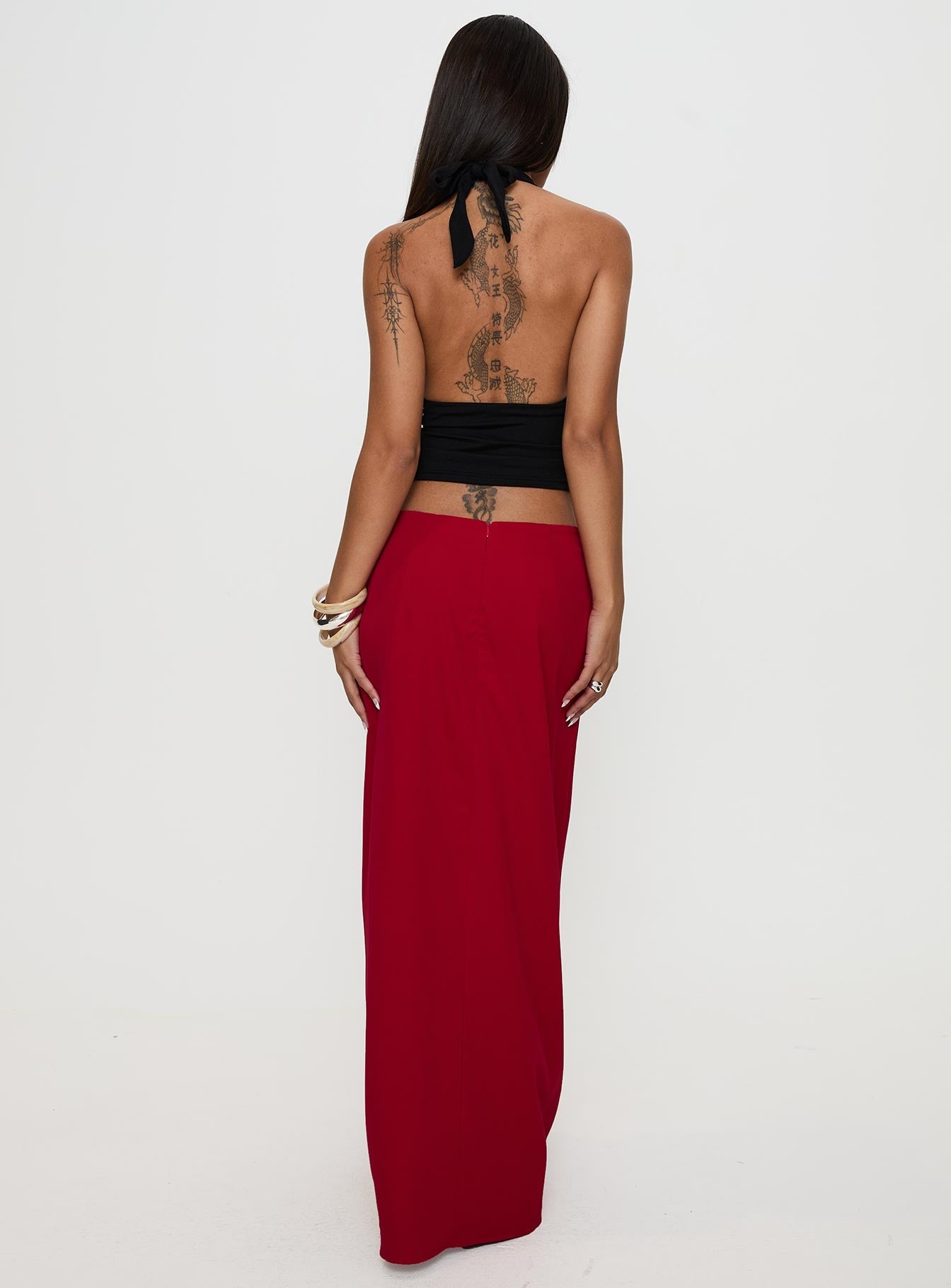 back view of model wearing Princess Polly Devoted Maxi Skirt Red Maxi 