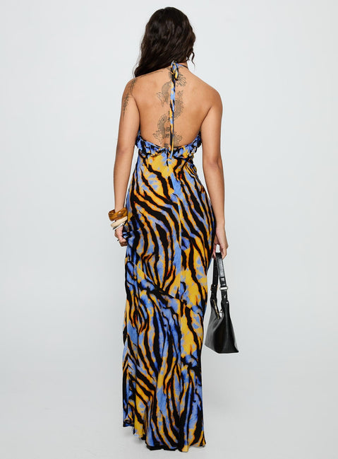 back view of model wearing Princess Polly Virginia Beach Backless Maxi Dress Blue Zebra High Neck 