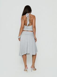Highlighting the Iselda Draped Midi Skirt Grey Marle womens-skirts back view of model wearing Princess Polly