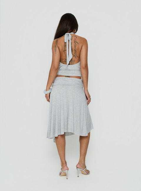 Highlighting the Iselda Draped Midi Skirt Grey Marle womens-skirts back view of model wearing Princess Polly