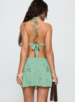 back view of model wearing Princess Polly What A Coincidence Beaded Mini Skirt Teal Mini Skirts 