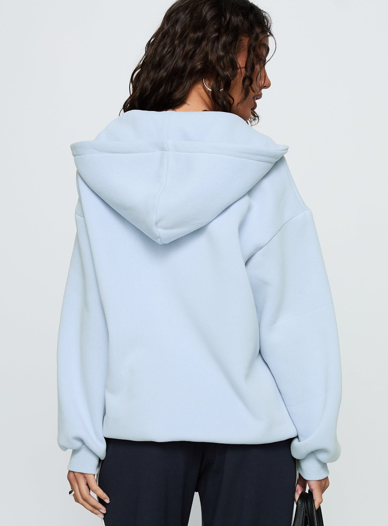 back view of model wearing Princess Polly Starblazer Zip Up Graphic Hoodie Blue / Red Long 