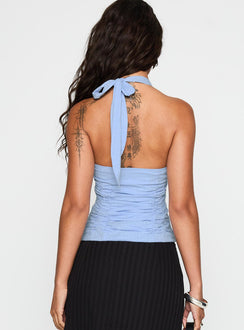 back view of model wearing Princess Polly Nataliya Halter Top Blue Sleeveless Scoop Neck 
