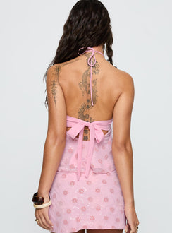 back view of model wearing Princess Polly Remembering Tie Back Top Pink Sleeveless Asymmetric Neckline 