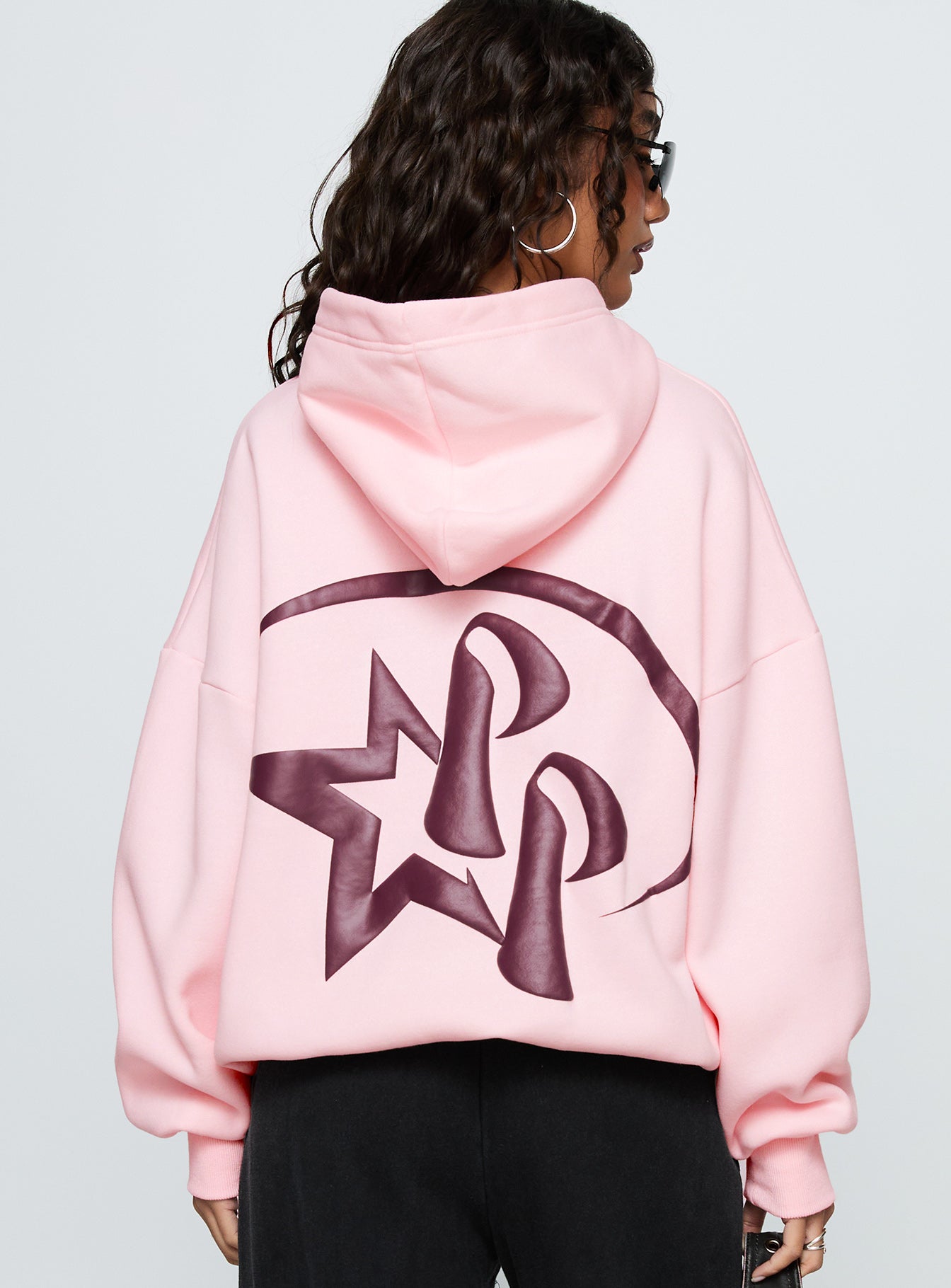back view of model wearing Princess Polly Starblazer Princess Polly Graphic Hoodie Pink 