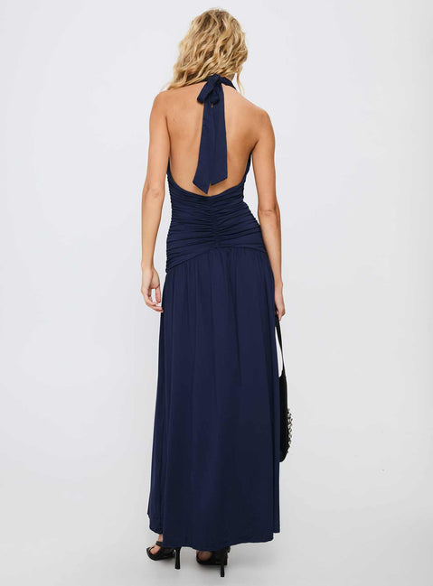 Diona Halter Ruched Maxi Dress Navy
