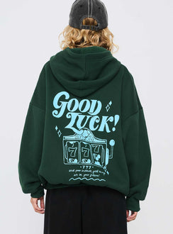 back view of model wearing Princess Polly Good Luck Graphic Hoodie Green / Blue Long 