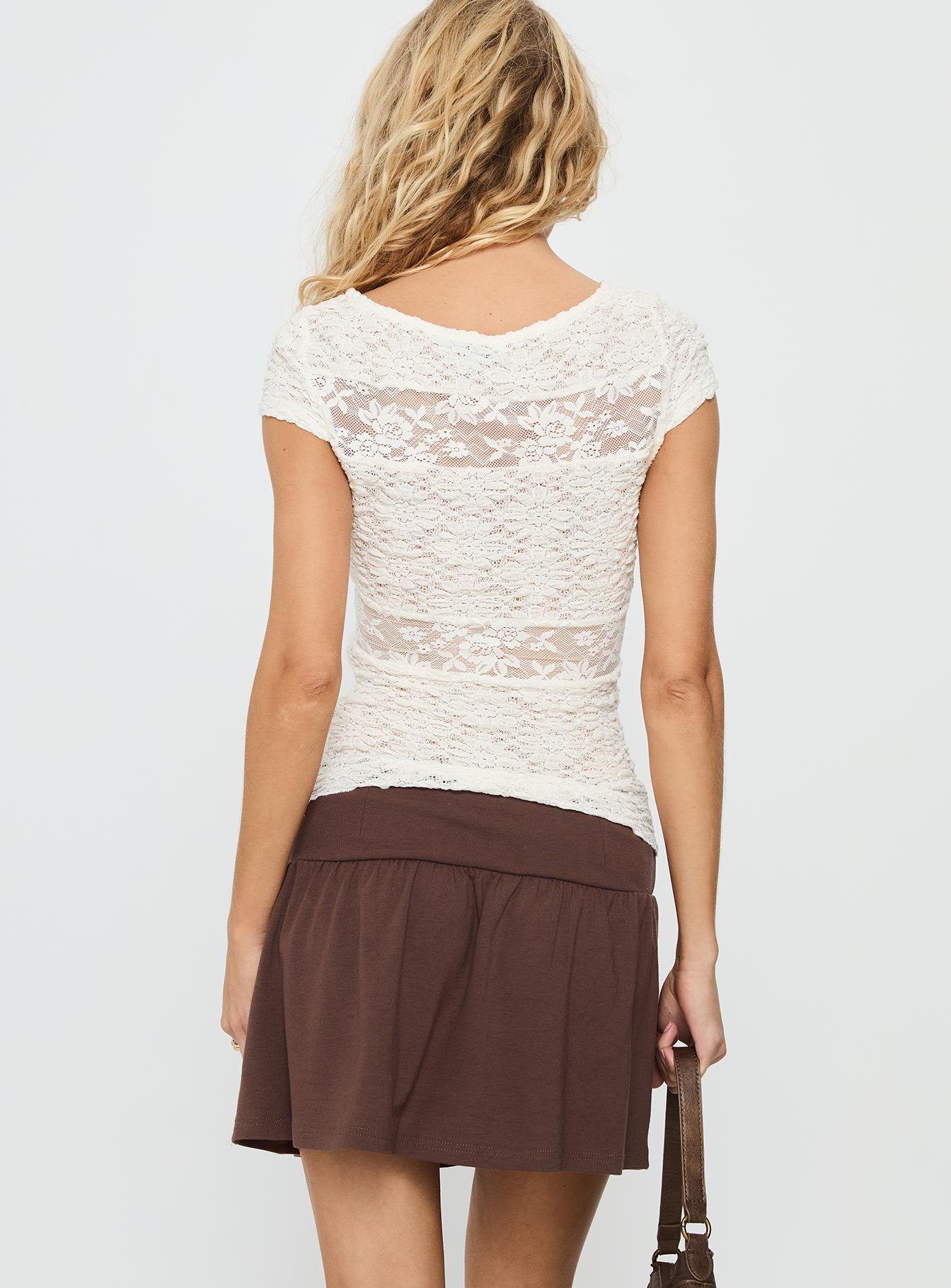 back view of model wearing Princess Polly Chevelle Jersey Mini Skirt Chocolate Mini Skirts 