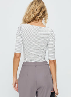 back view of model wearing Princess Polly Here One Moment 3/4 Sleeve Bodysuit Black / White Stripe Half Sleeve 