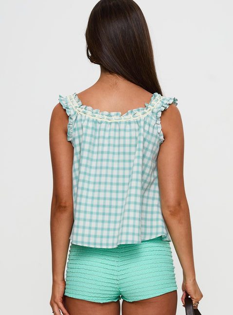 Darleena Babydoll Tie Up Top Aqua Check