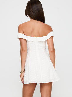 back view of model wearing Princess Polly Rosebud Broiderie Off The Shoulder Mini Dress White V-Neck 