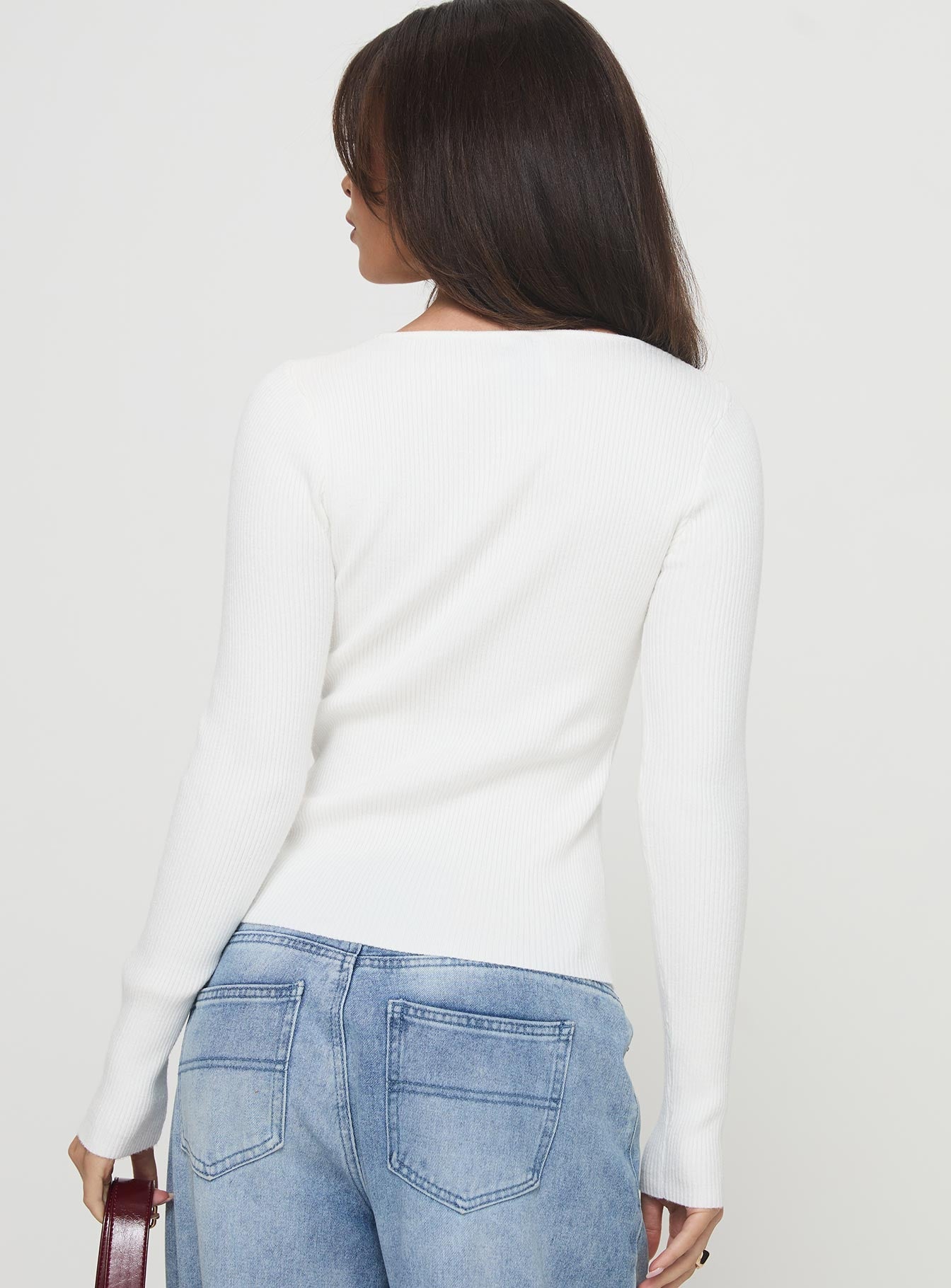 back view of model wearing Princess Polly Malgit Long Sleeve Top White Full Sleeves High Neck 