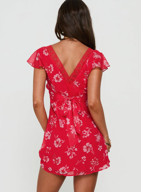 Arvexa Lace Trim Mini Dress Red Floral