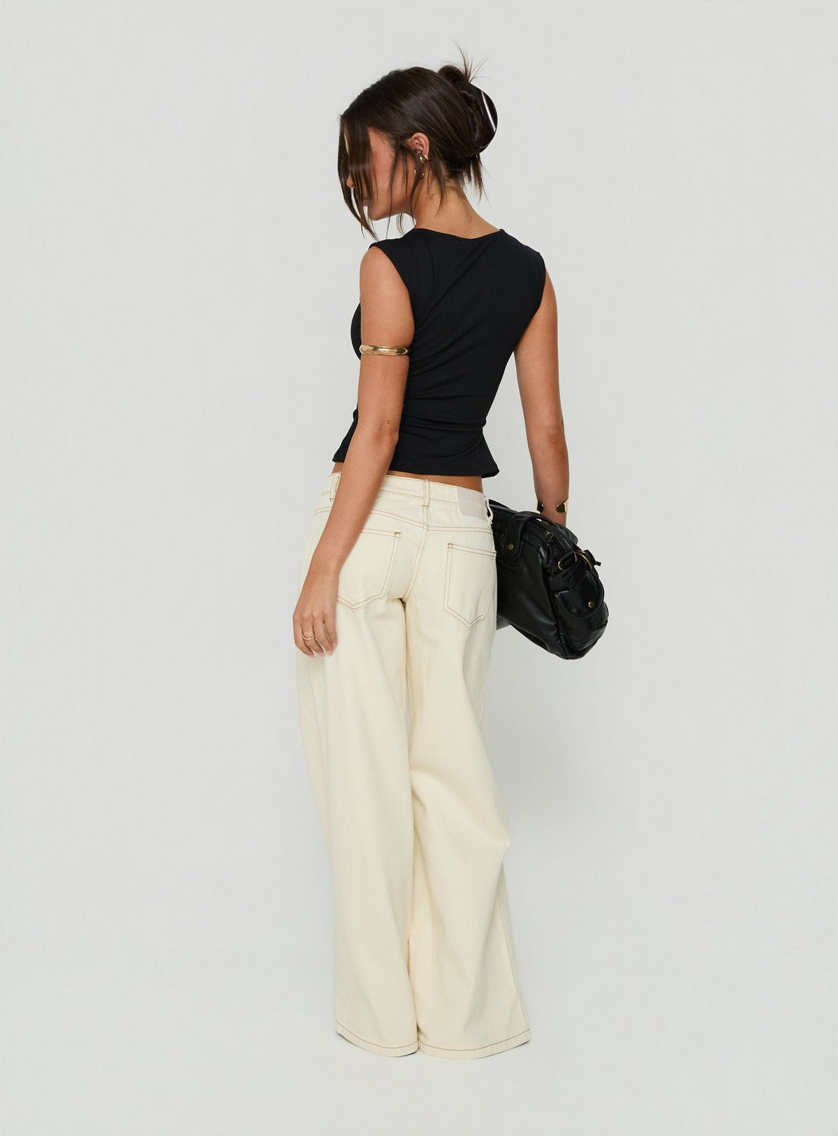 Crafted with Picco Ultra Low Rise Wide Leg Jeans Cream in womens-jeans featuring low-rise back view of model wearing